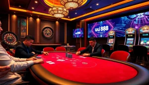The atmosphere of uu 88 gambling, featuring intense poker gameplay and luxurious casino elements.