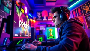 Permainan petani toto yang seru dengan gamer yang fokus di ruang permainan penuh warna.