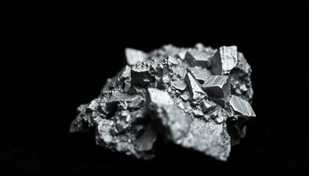Showcasing a close-up of antimony metal with a shiny metallic texture against a dark background.