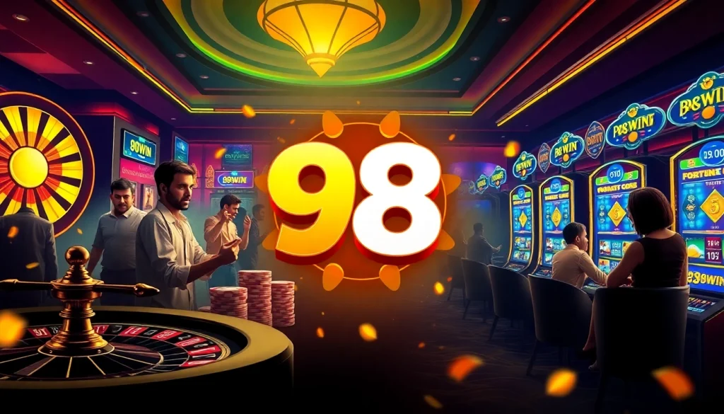 Experience the excitement of gambling at 98win trang chu with vibrant visuals of roulette wheels and poker chips.