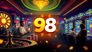 Experience the excitement of gambling at 98win trang chu with vibrant visuals of roulette wheels and poker chips.