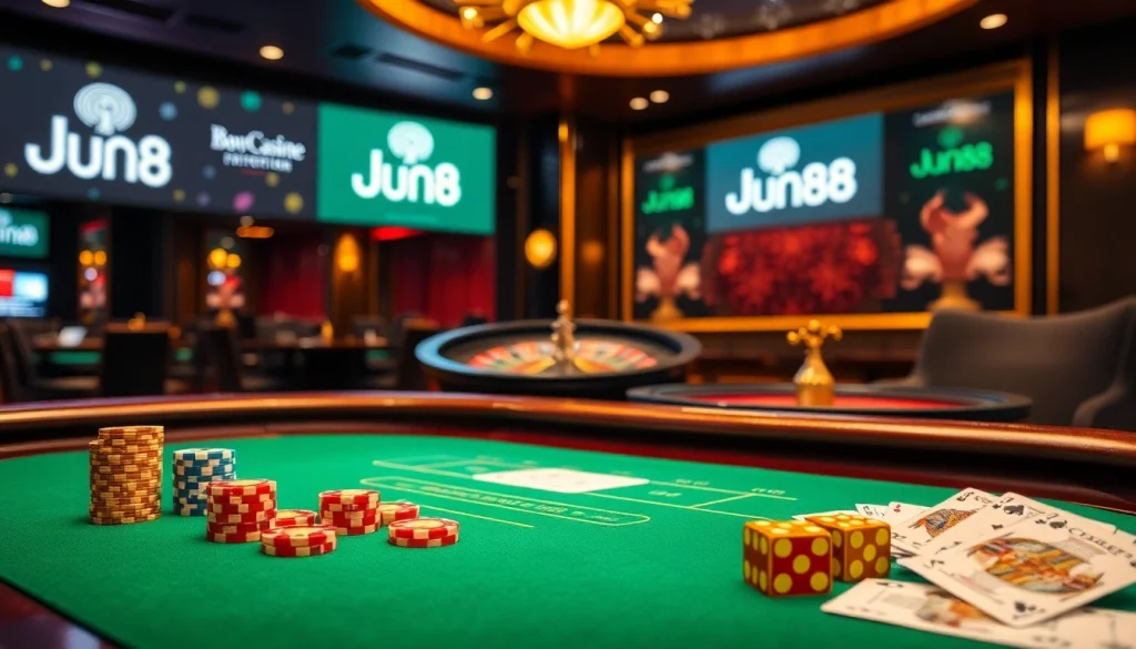 Experience exciting baccarat gameplay at Jun88 with vibrant casino tables and elegant chips.