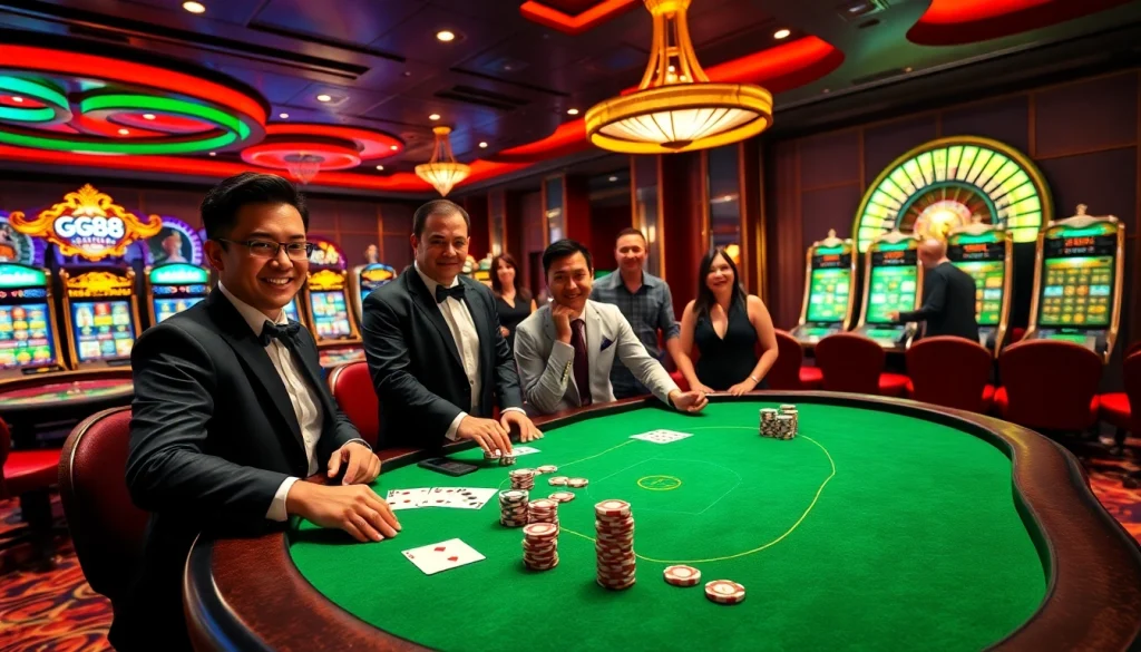 GG88 gaming area with vibrant casino tables, excited players, and luxury elements in a thrilling atmosphere