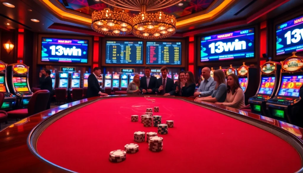 Play exciting games at 13win casino featuring vibrant poker tables and slot machines.