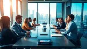 Business leaders collaborating in a modern office during a productive discussion.