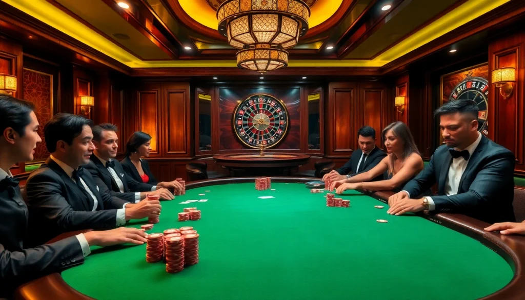 Players engaging at a high-stakes poker table, showcasing the excitement of SN888 in a luxurious casino atmosphere.