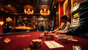 Players engage in intense poker action at tables marked 5Z7779, reflecting luxury and excitement in a casino setting.