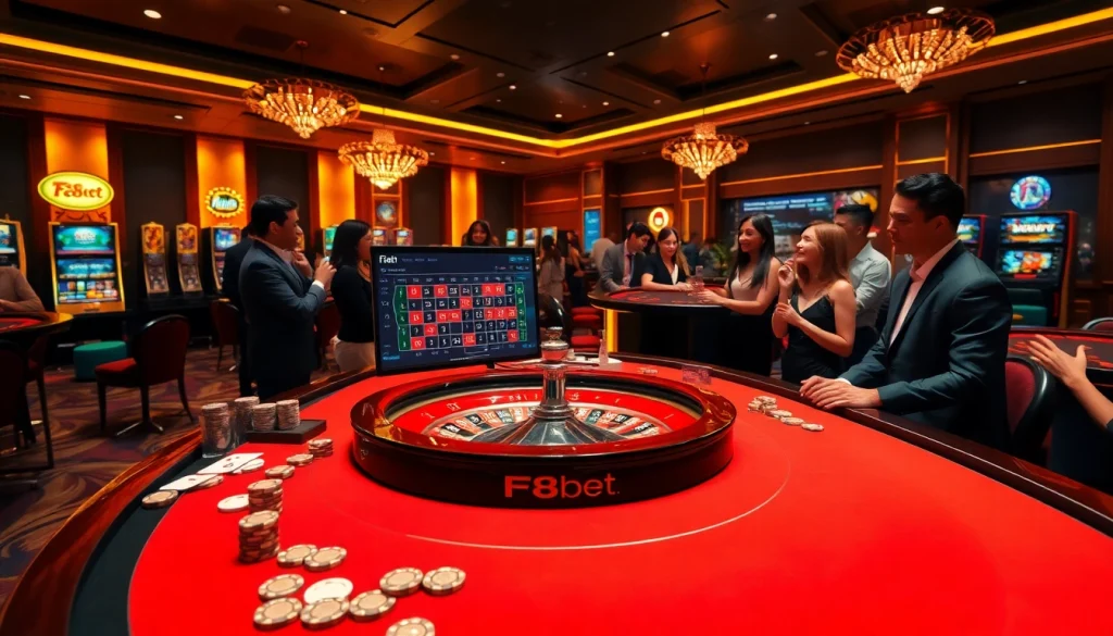 Experience excitement at F8bet's vibrant casino table with eager players and luxury decor.