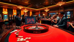 Experience excitement at F8bet's vibrant casino table with eager players and luxury decor.