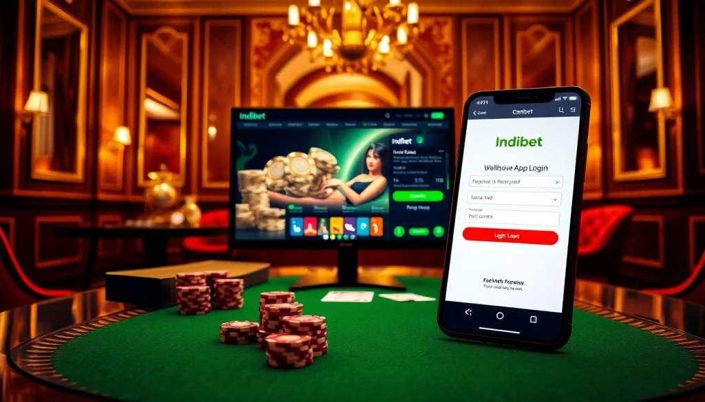 Indibet login screen on a smartphone and desktop in a luxurious casino setting.