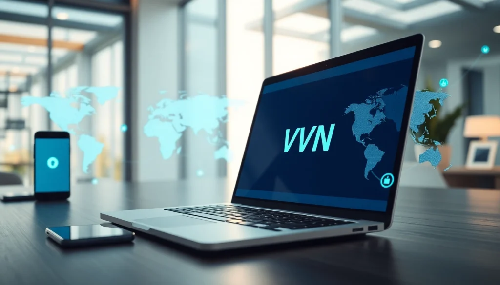 快连vpn下载 interface on a laptop showcasing global connectivity in a modern workspace.