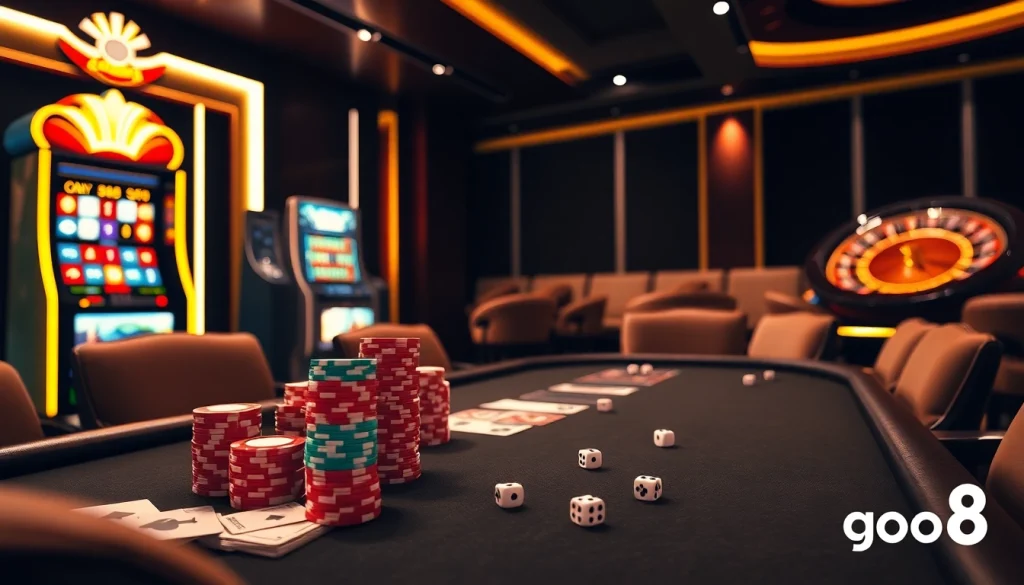 Experience the excitement of gambling at https://go8.food/ with a vibrant online casino scene showcasing poker chips, cards, and a dazzling slot machine.