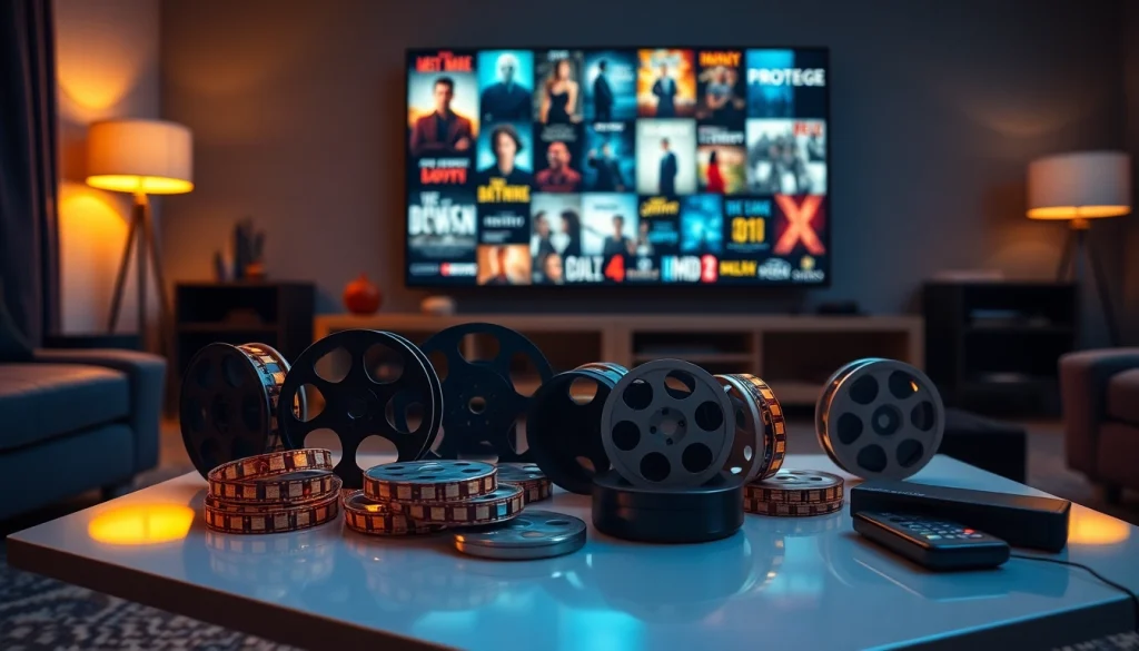 Explore diverse filme options in a cozy cinematic setting featuring film reels and streaming devices.