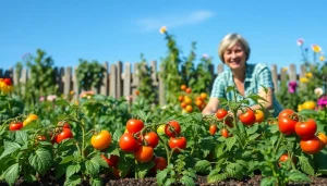 Gardening enthusiast tending to a vibrant vegetable garden filled with various plants and colors.