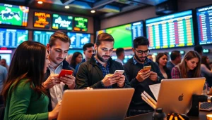 Experience sports betting in British Columbia with engaged bettors using smartphones in a lively environment.