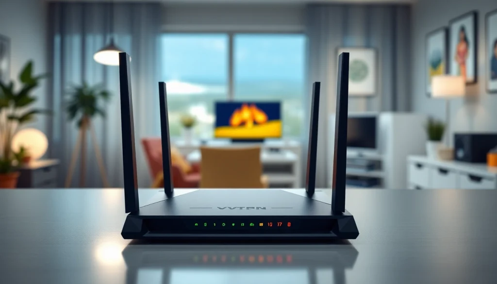 Set up of a modern vpn router on a desk displaying connectivity features in an elegant workspace.