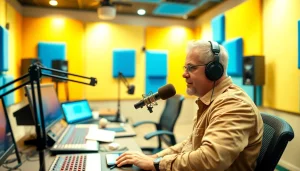 Engaging radio studio scene showcasing hometownstation.com as a professional broadcast hub.