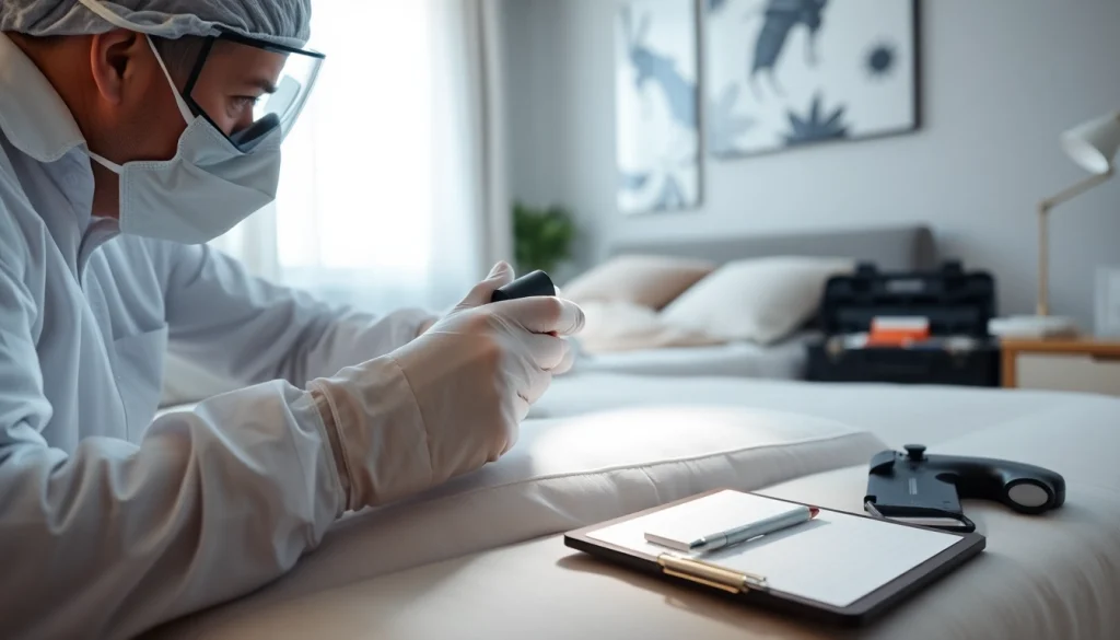 Inspecting bed bugs at https://affordablebedbugexterminators.com with an exterminator in action.