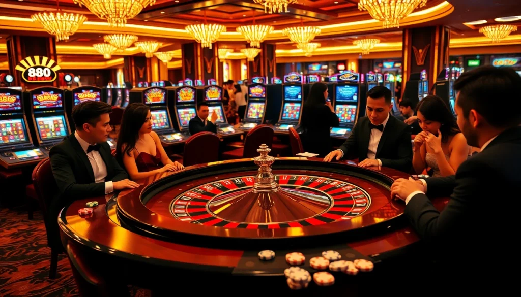 Experience excitement at 888new with players engaging at the roulette table in a luxurious casino.