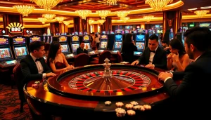 Experience excitement at 888new with players engaging at the roulette table in a luxurious casino.