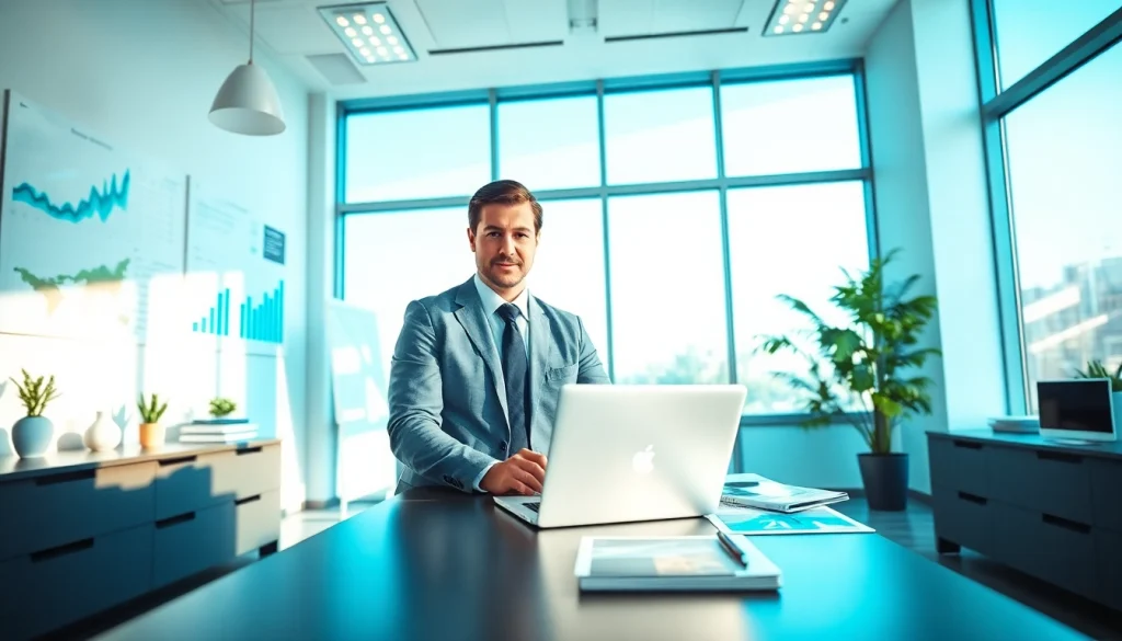 Showcasing Real Estate insights in a modern office with a professional agent and vibrant decor.