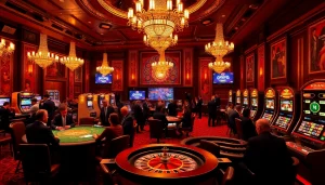 Leci123 online casino features a vibrant atmosphere with players engaged in exciting gambling activities like poker and roulette.