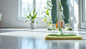 Engaging cleaning service showing a cleaner showcasing eco-friendly products in a bright room.