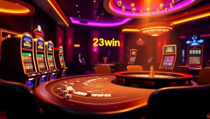 Gambling action at 23win.hiphop casino with vibrant slot machines and poker chips.