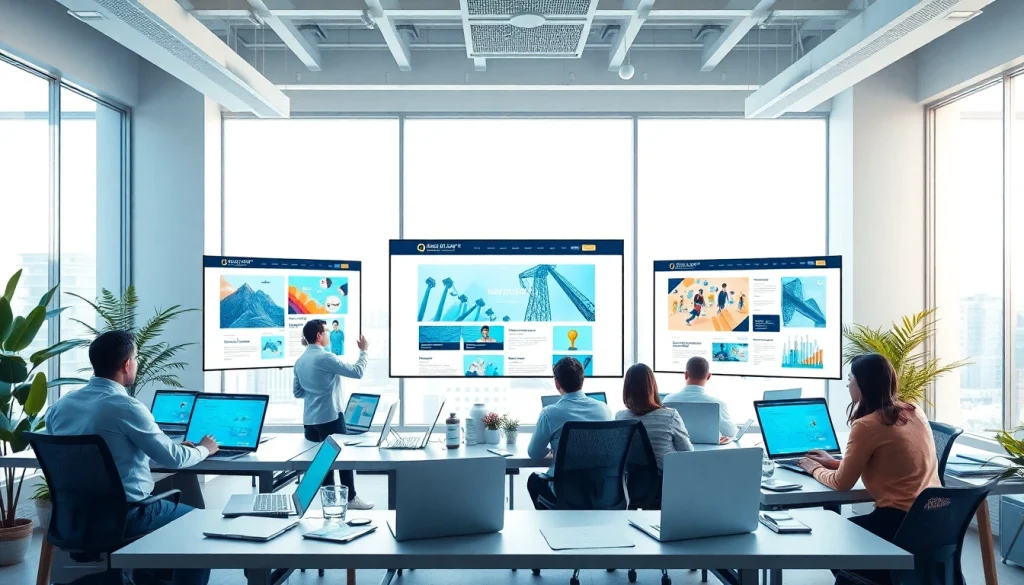 Creative professionals collaborating on website design, illustrating Thiết kế website, in a modern office setting.