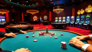 KJC players engaging in a high-stakes poker game at a luxurious casino.