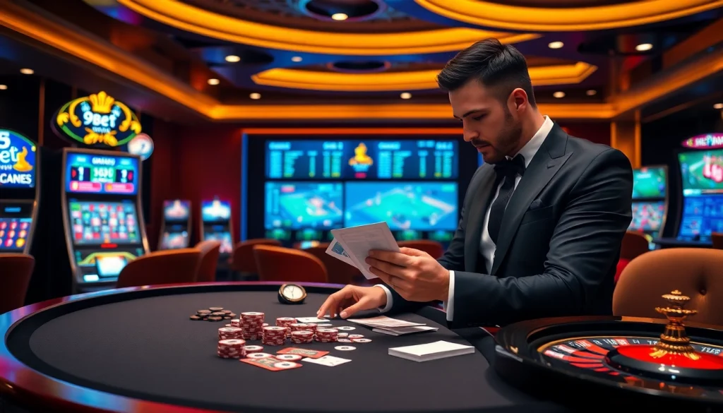 Experience the thrill of gambling at 9bet with poker chips and betting slips.