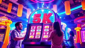 Menangkan permainan slot depo 5k dalam suasana kasino yang meriah dengan lampu cerah dan ekspresi pemain yang bahagia.