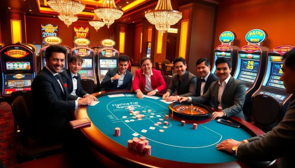 A lively casino scene at https://tha-bet.pro/, showcasing players at a poker table and bright slot machines.