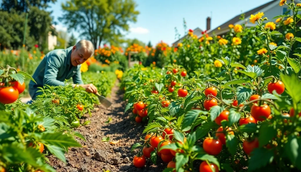 Gardening in a vibrant vegetable patch, a gardener tending to flourishing plants under bright sunlight.