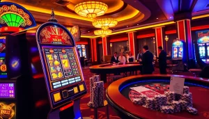 Nổ Hũ slot machine attracting players inside a vibrant casino environment.