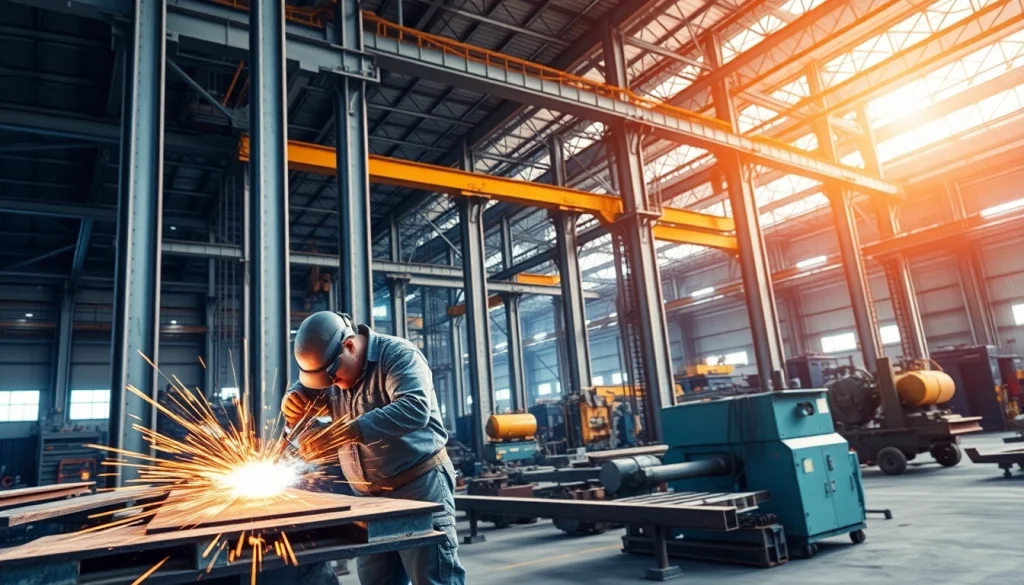 Workers engaging in structural steel fabrication within a bustling workshop environment.