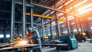 Workers engaging in structural steel fabrication within a bustling workshop environment.