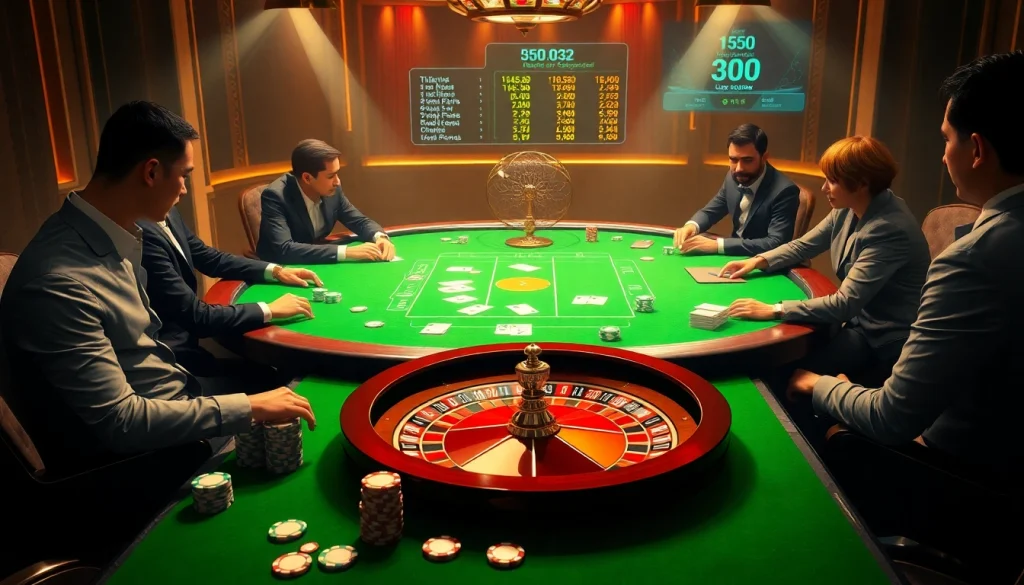 Engage in thrilling gameplay at https://3king.cn.com/ with professional players at a luxurious casino table featuring poker chips and vibrant cards.