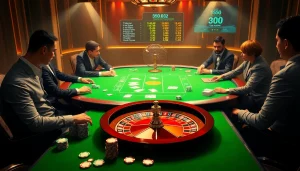 Engage in thrilling gameplay at https://3king.cn.com/ with professional players at a luxurious casino table featuring poker chips and vibrant cards.