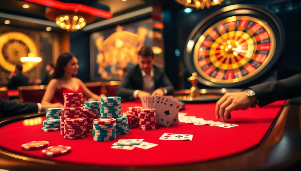 Experience the thrills of RR88 with players engaging in high-stakes poker amidst luxurious casino elements.