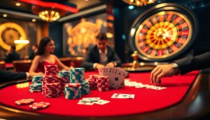 Experience the thrills of RR88 with players engaging in high-stakes poker amidst luxurious casino elements.