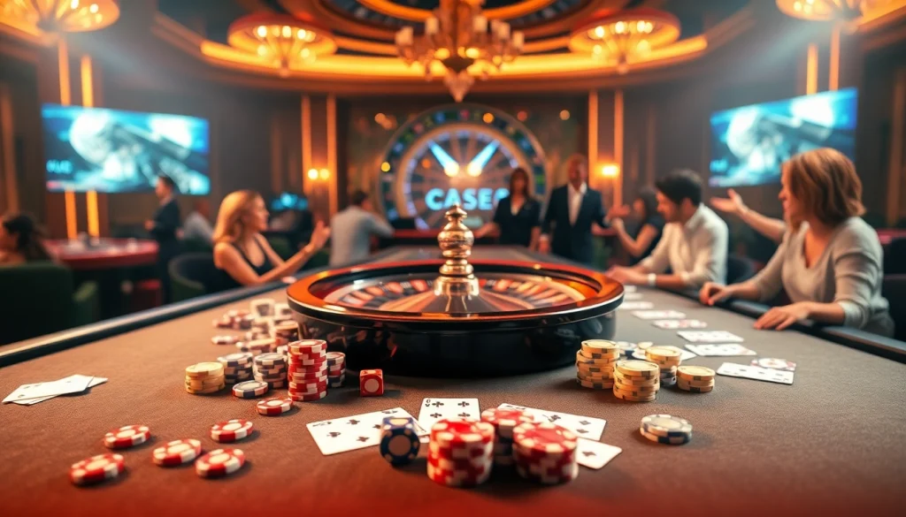 Exciting casino scene with players at a table, promoting Đăng ký tài xỉu md5 and vibrant gambling elements.