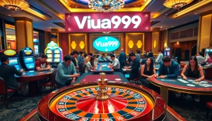 Gambling enthusiasts enjoy diverse games at Vua99, with vibrant casino tables and joyful players.