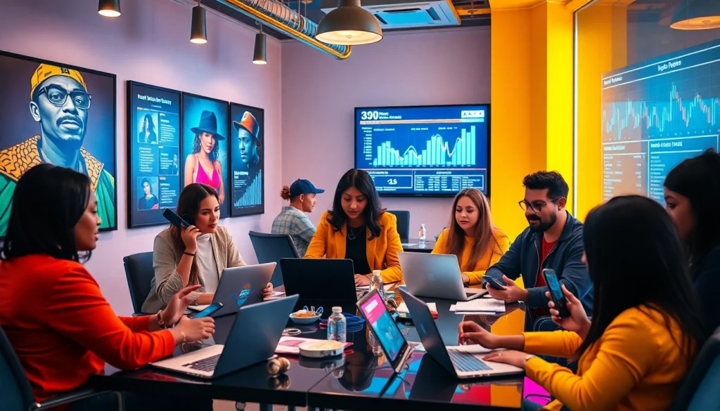 Hip hop PR agency showcasing professionals brainstorming innovative marketing strategies for artists.