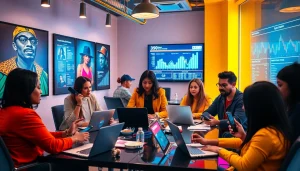 Hip hop PR agency showcasing professionals brainstorming innovative marketing strategies for artists.