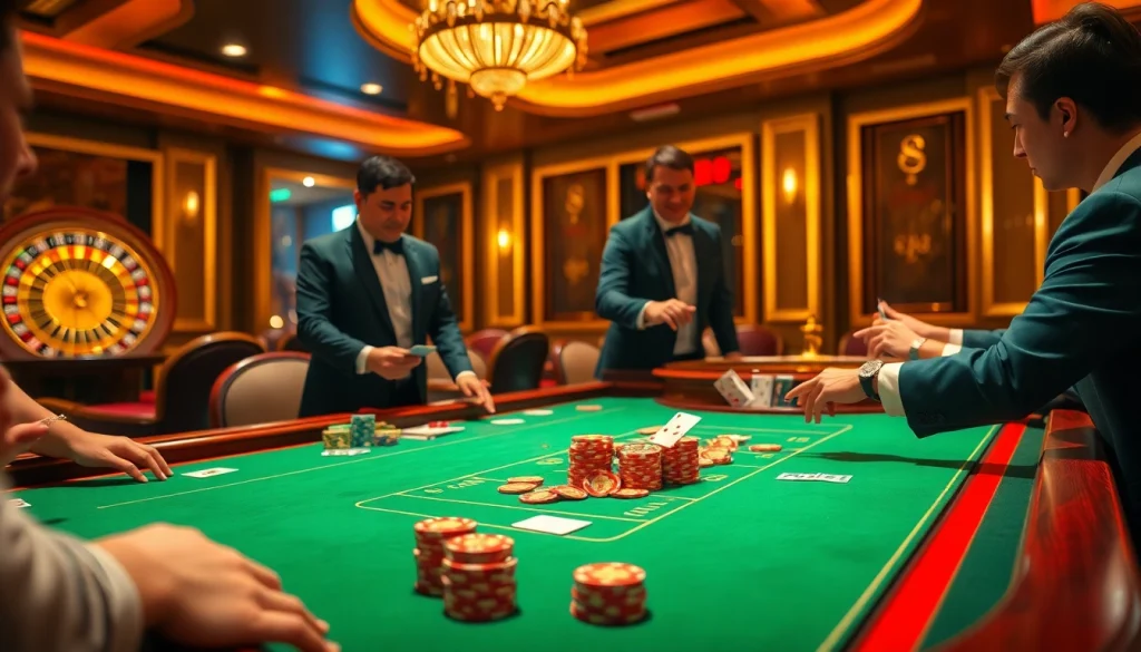 Players enjoying thrilling games at the luxurious gô88 casino table with vibrant chips and cards.