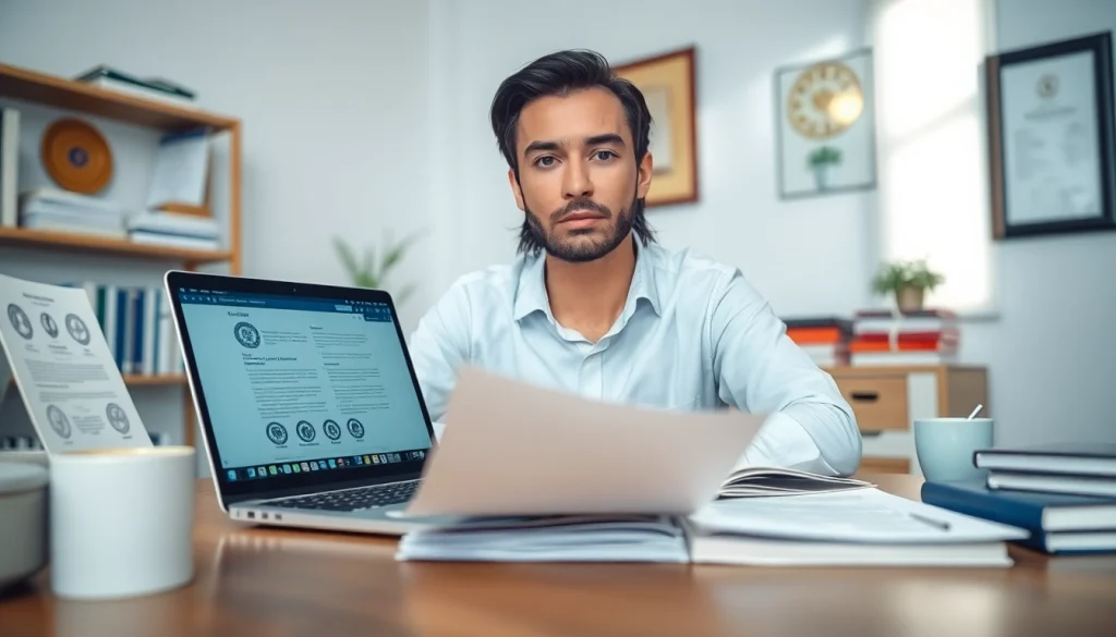 Professional sworn translator (traductor jurado) at desk, with documents and translation tools.