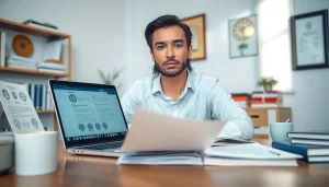 Professional sworn translator (traductor jurado) at desk, with documents and translation tools.