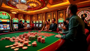 Players enjoying slot kamboja bet 100 at a vibrant casino scene with poker chips and slot machines.