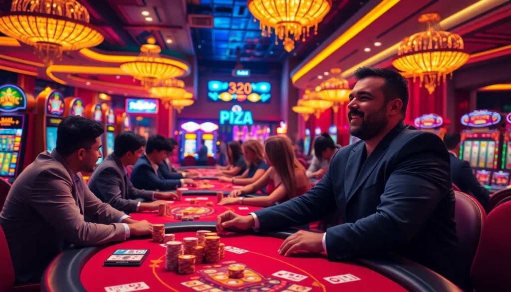 Players enjoying games at https://rr88.pizza/ casino with vibrant slot machines and lively atmosphere.